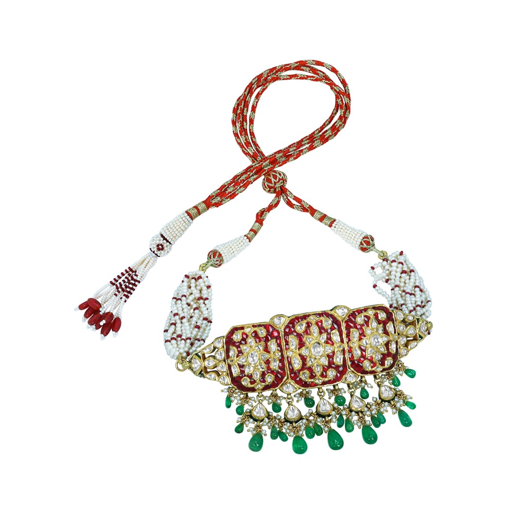 Rectangular Polki Choker with Red Talaf, Emerald, and Pearl Drops